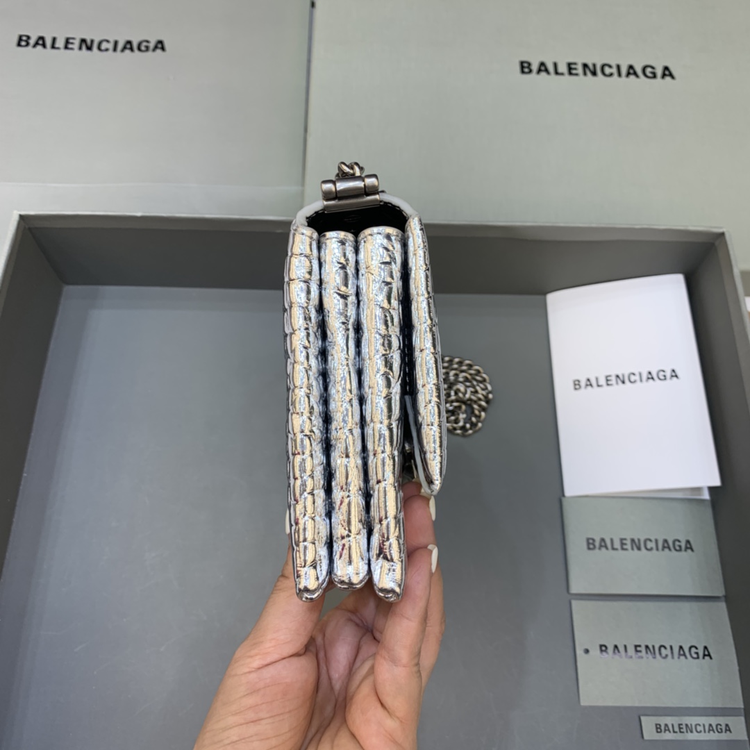 Balenciaga Triplet Small Bag With Chain Crocodile Embossed Calfskin Shouler Bag Silver